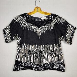 VTG 80s Sequined Beaded Silk Evening‎ Cocktail Blouse Candlelight by Jainsons L